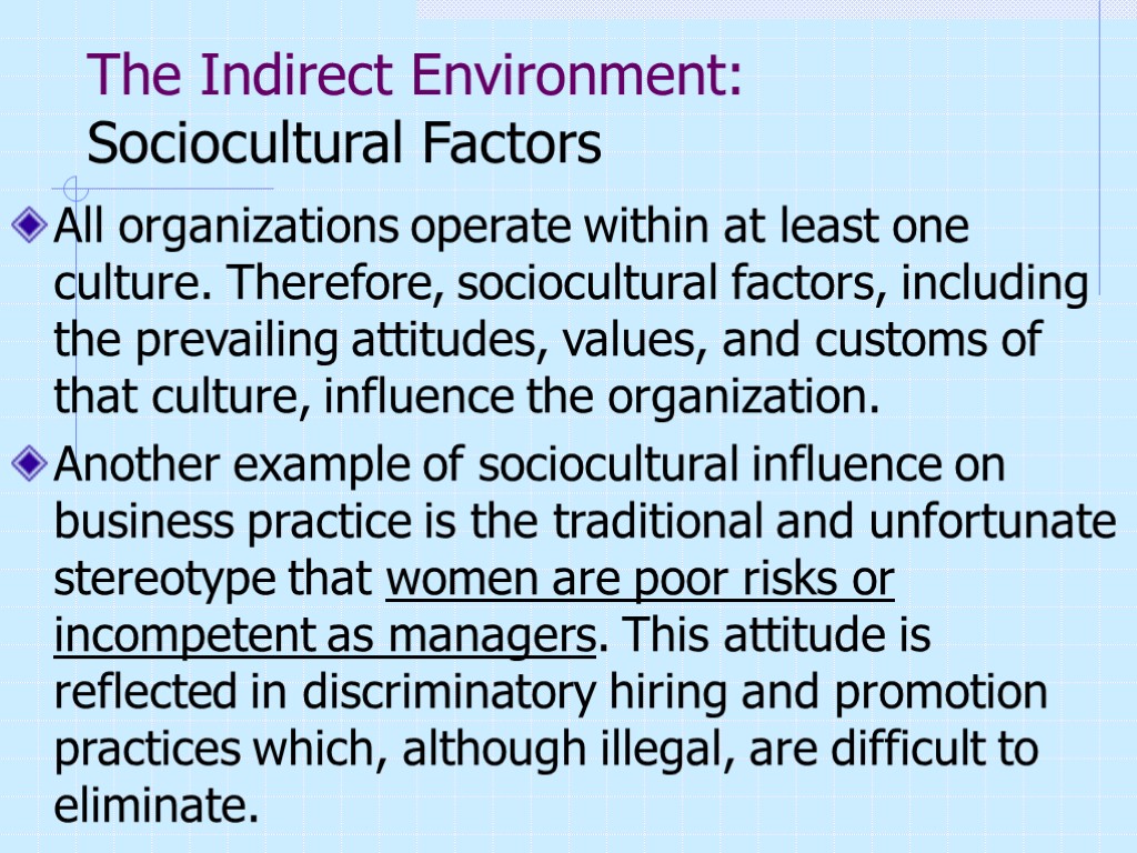 The Indirect Environment: Sociocultural Factors All organizations operate within at least one culture. Therefore,